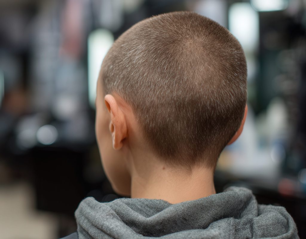 Back view of a person with a fresh buzz cut, seated in a barbershop wearing a grey hoodie.